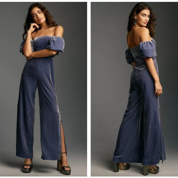ANTHROPOLOGIE The Femme Velvet Jumpsuit Off Shoulder Dusty Blue {VV46} - Picture 1 of 2
